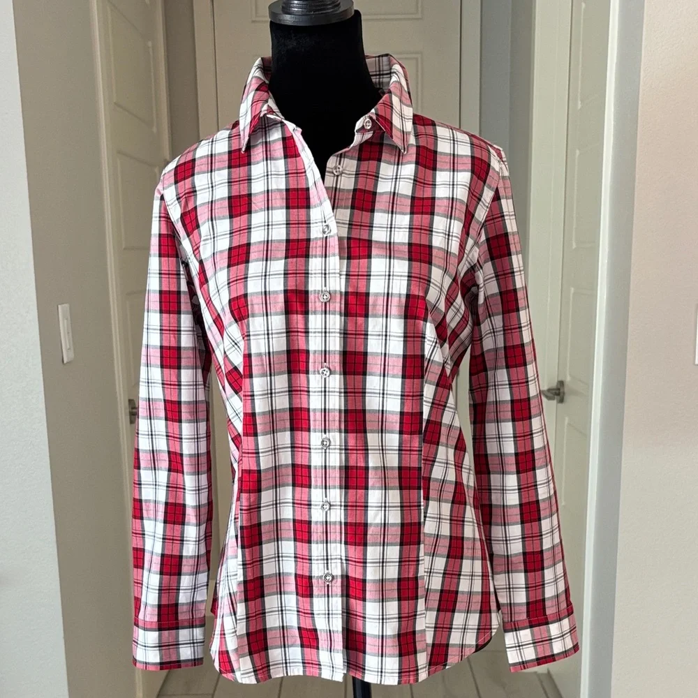 Talbots Red, White, Black Plaid Shirt Size 8P - Picture 3 of 13
